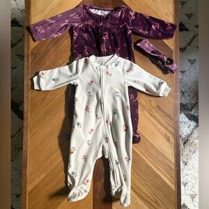 Bundle of Carter’s Baby Girl Footed Sleepers: Velvet Floral & Fleece Floral 3-6M
